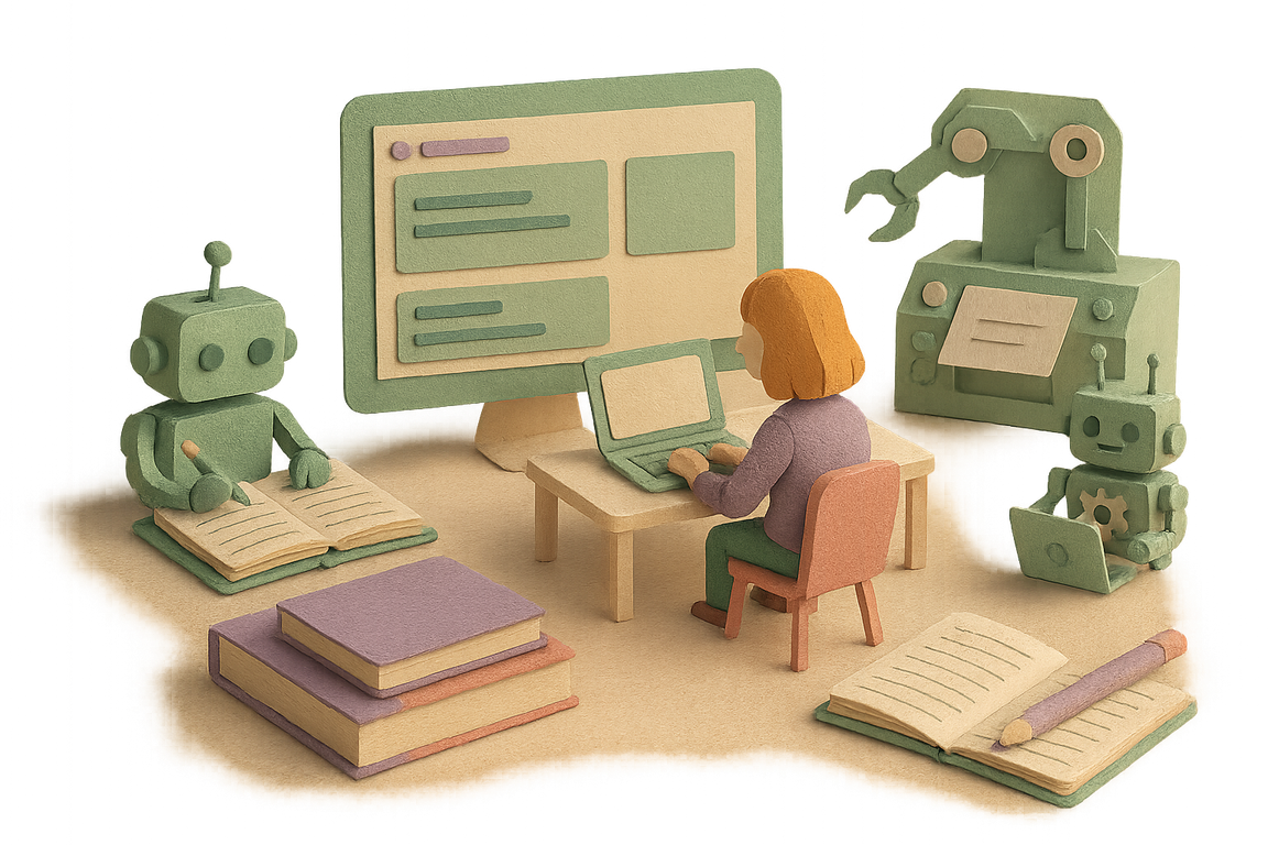 whimsical diorama scene depicting a blog listing page about handcrafted content, automation, and AI. whimsical diorama scene depicting a blog listing page about handcrafted content, automation, and AI.